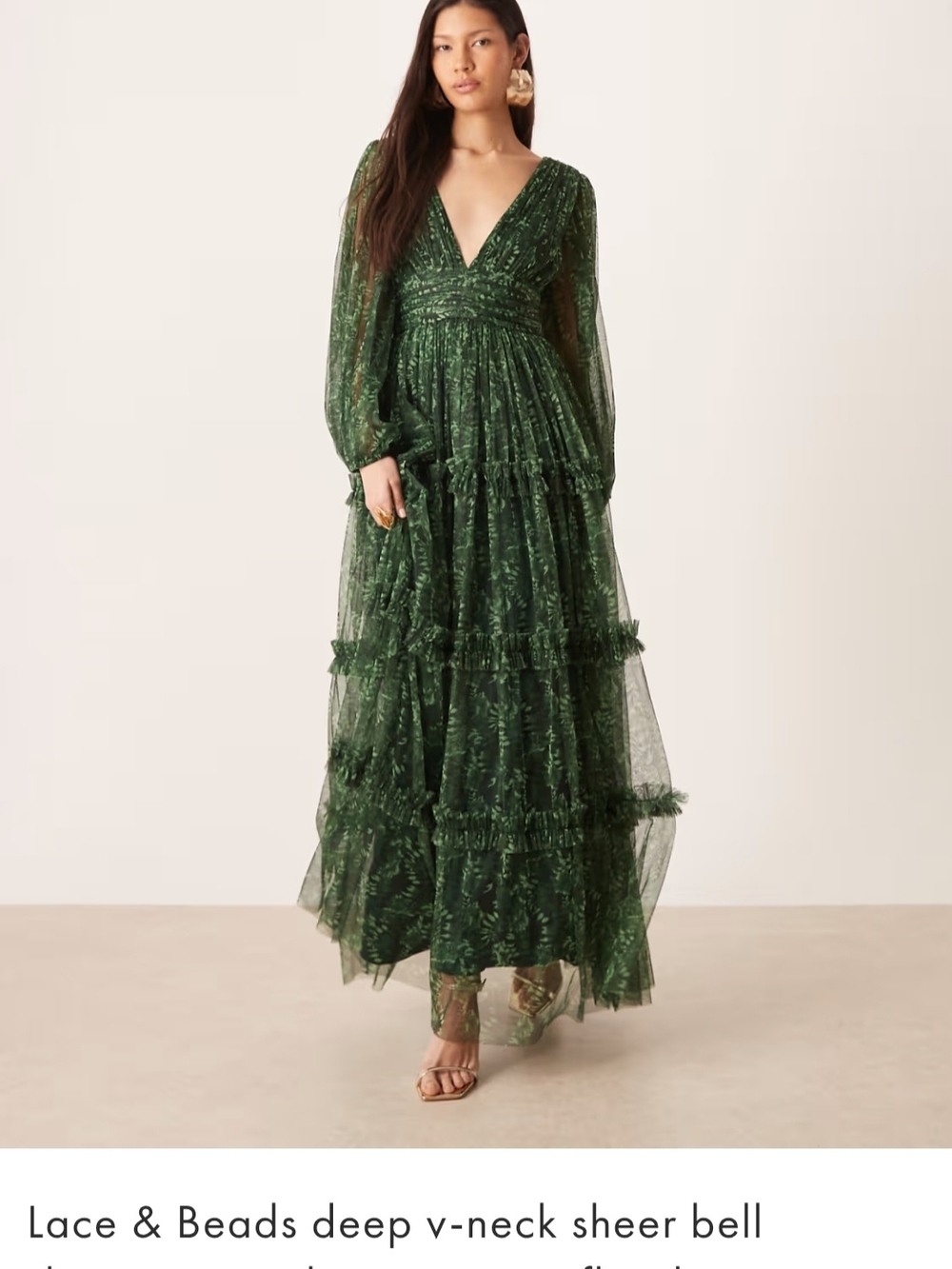 Deep V-Neck Sheer Bell Sleeve Maxi Dress - Green